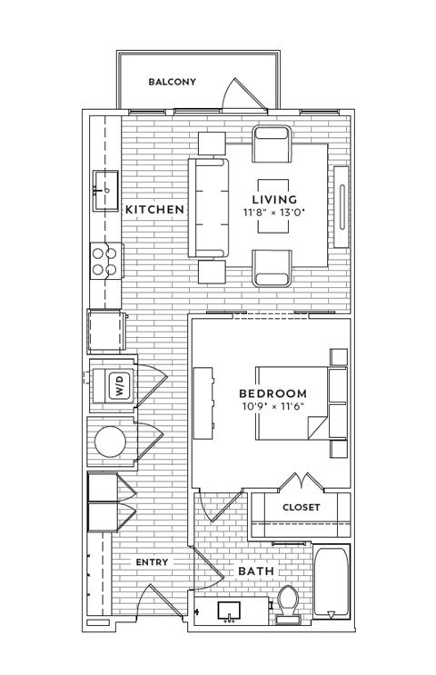 Floor plan for 1 bed, 1 bath, 654 sqft